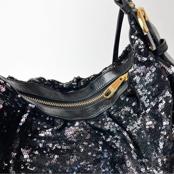 Badgley Mischka Black/Silver Sequin Hobo Bag Gold Hardware - Picture 5 of 9